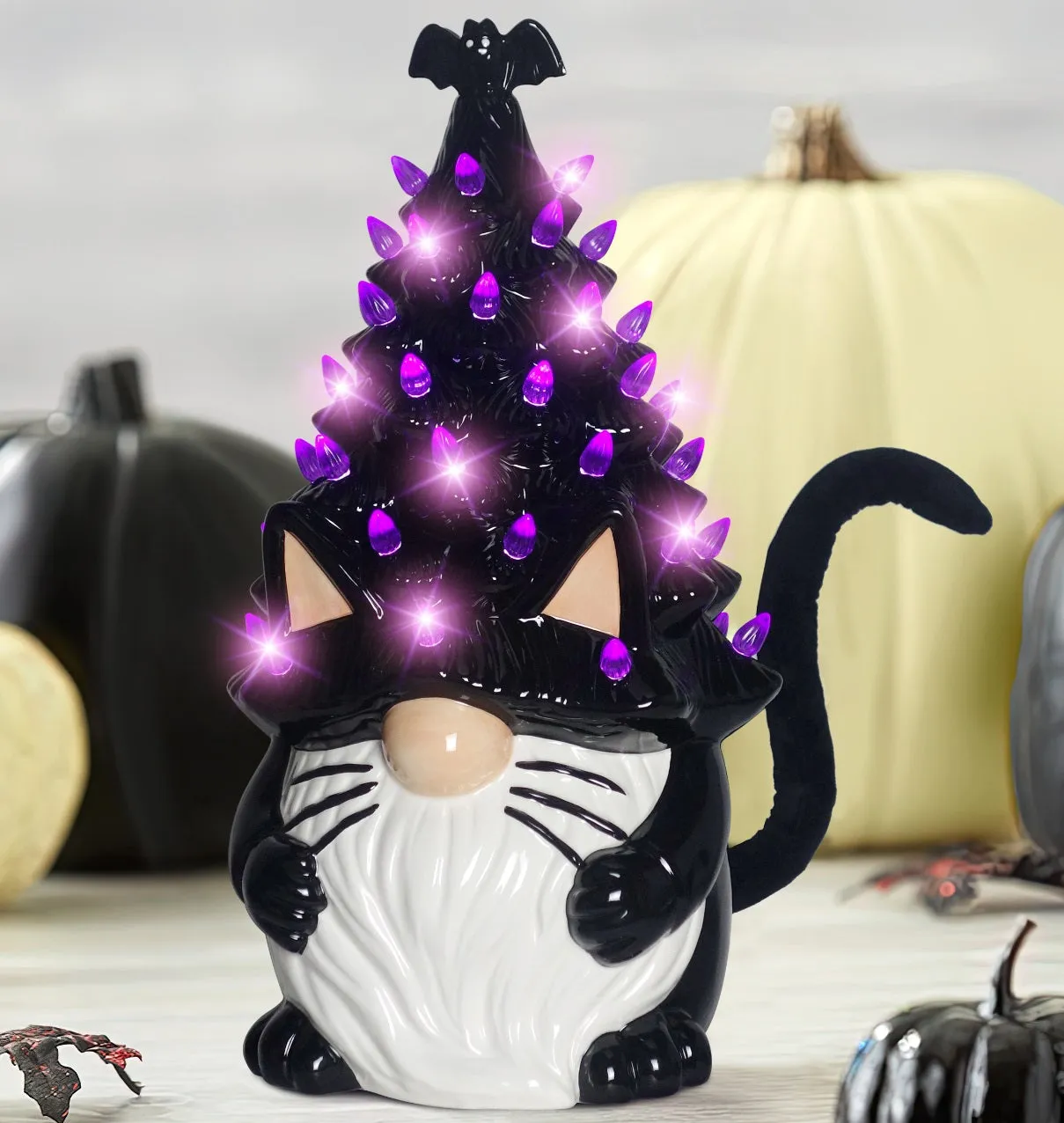 14" Light Up Ceramic Black Cat Gnome Tree