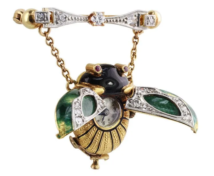 18K Yellow Gold Platinum Beetle Antique Enamel Art Nouveau Pendant Watch