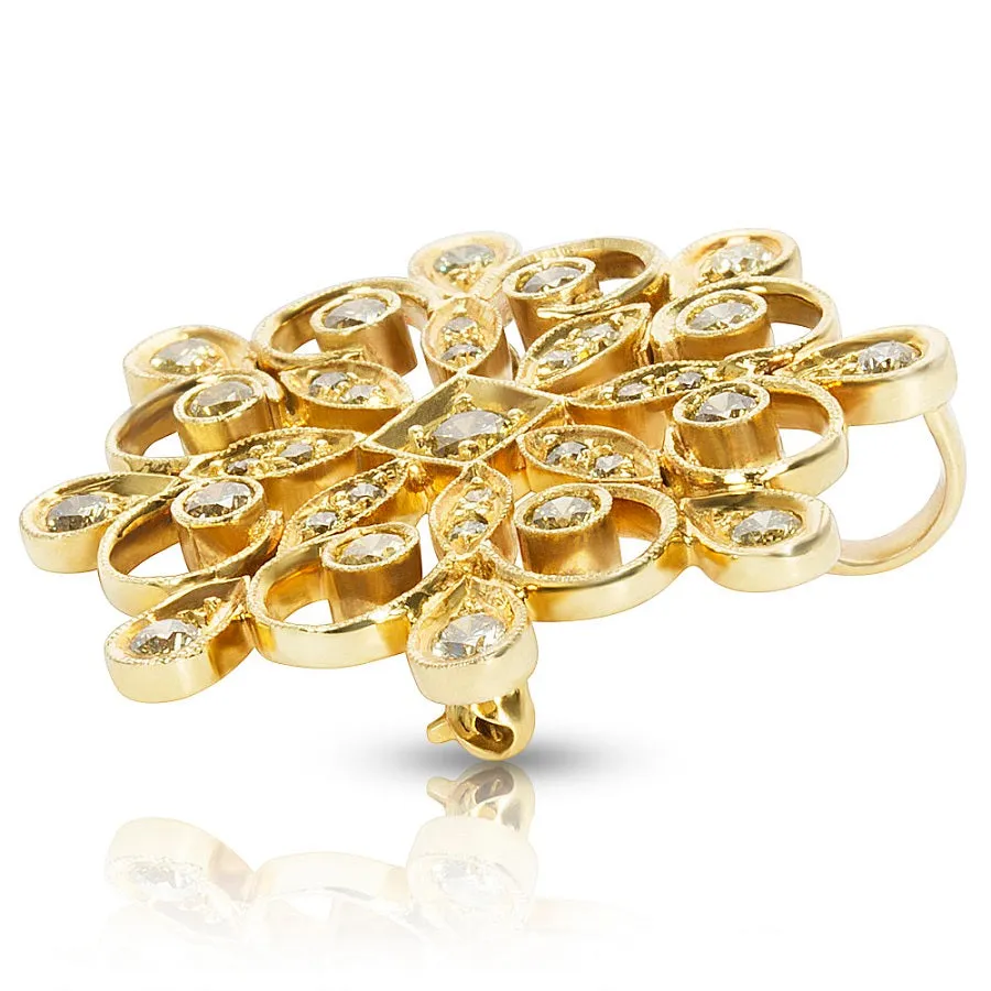 18KT Yellow Gold Snowflake Brooch Pin with Yellow Diamonds 1.35 ctw