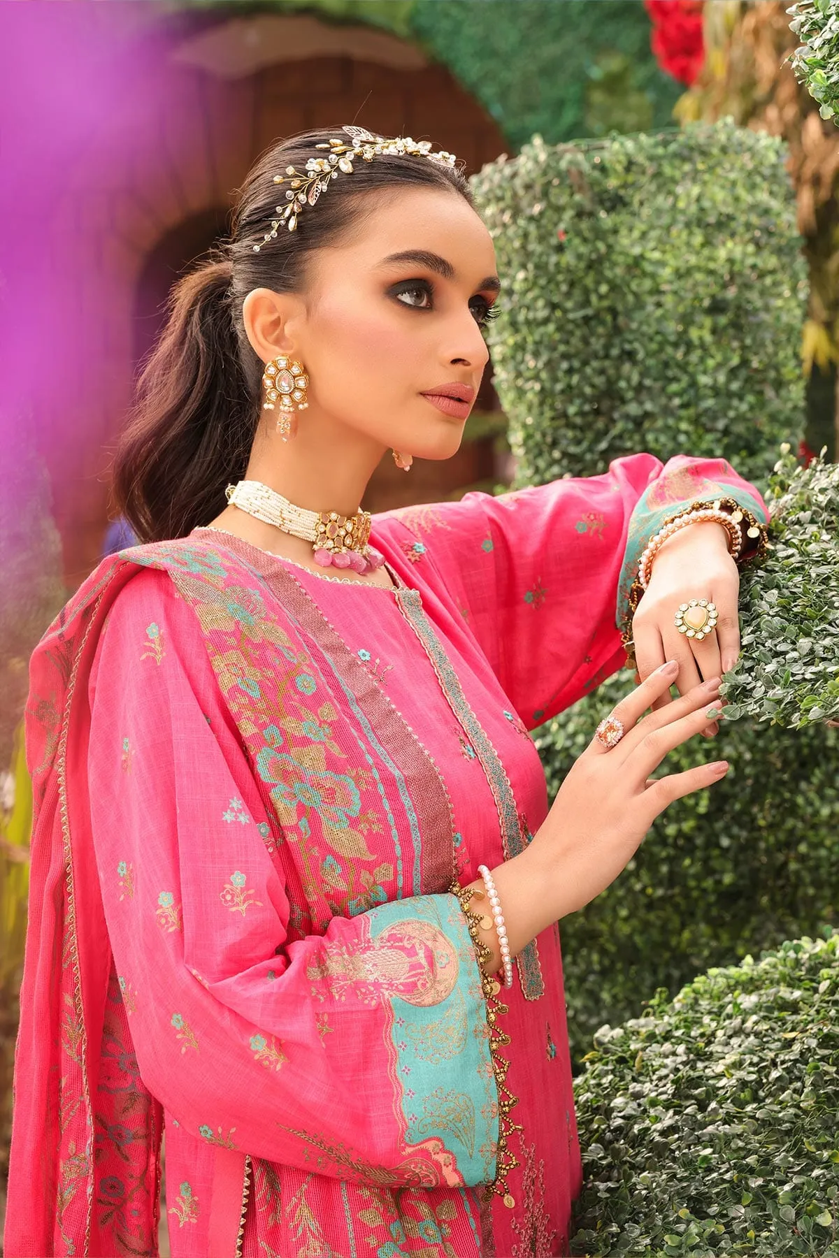 2 Pc Embroidered Two Way Slub Suit With Dobby Dupatta