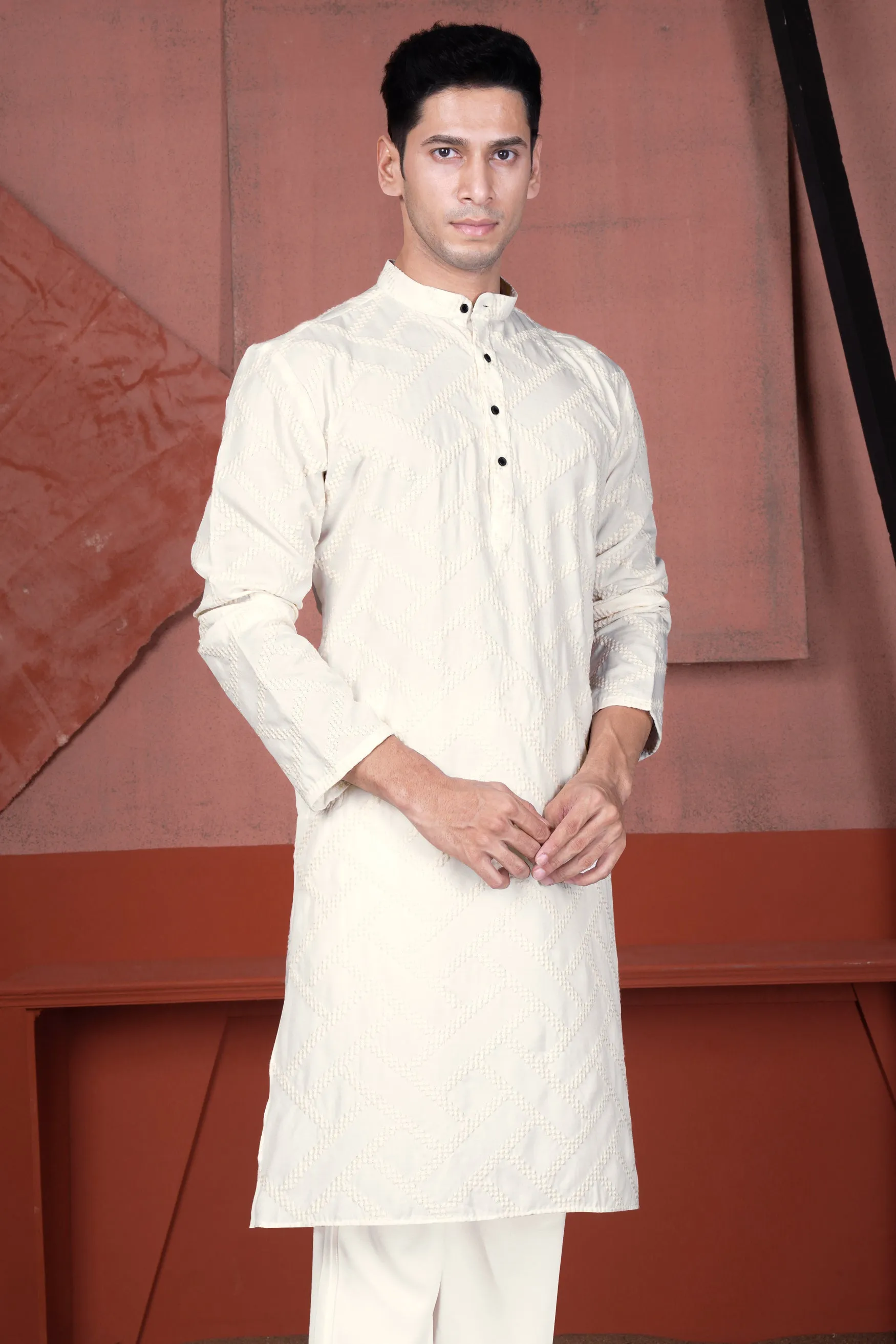 Albescent Cream Viscose Embroidered Designer Kurta