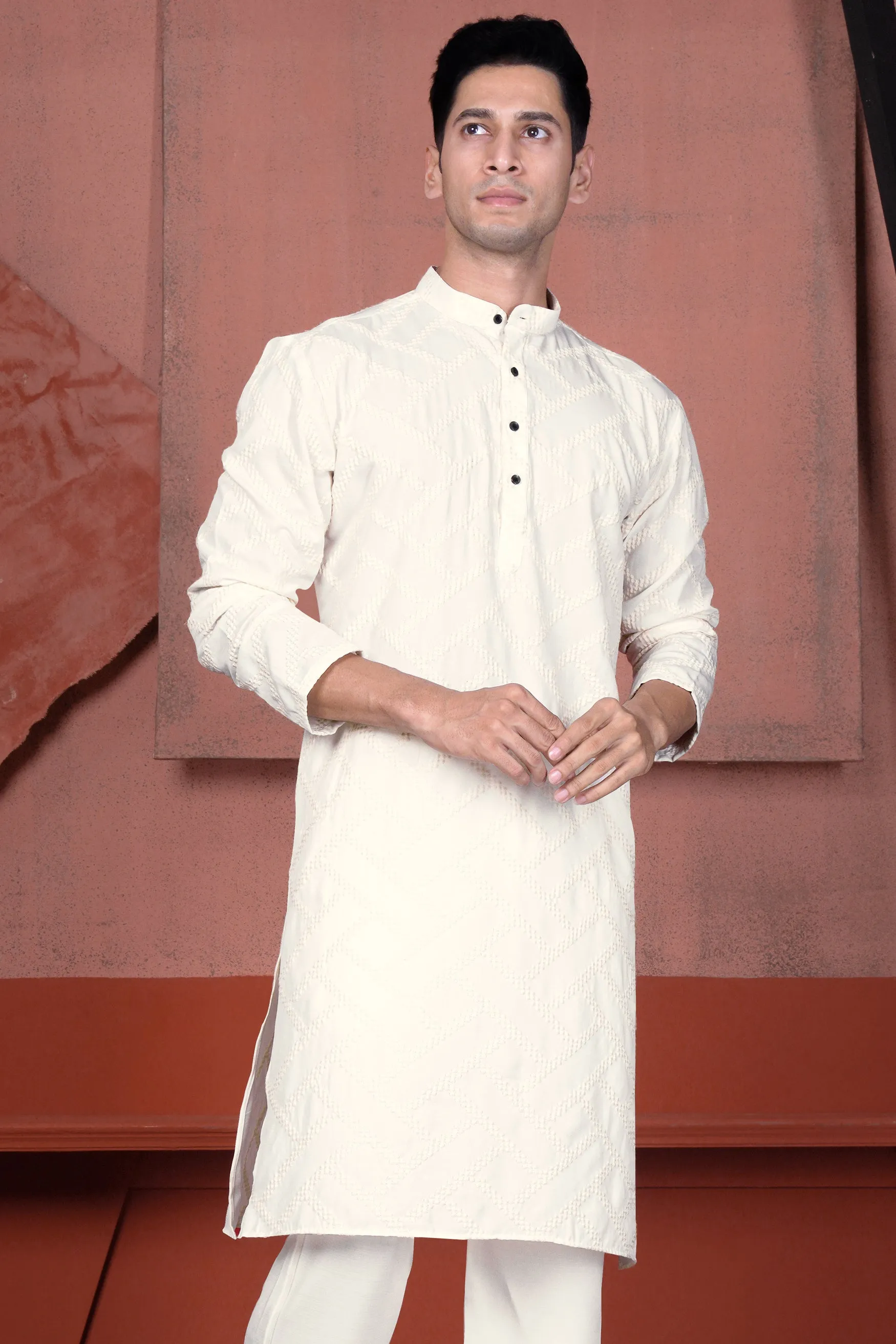 Albescent Cream Viscose Embroidered Designer Kurta