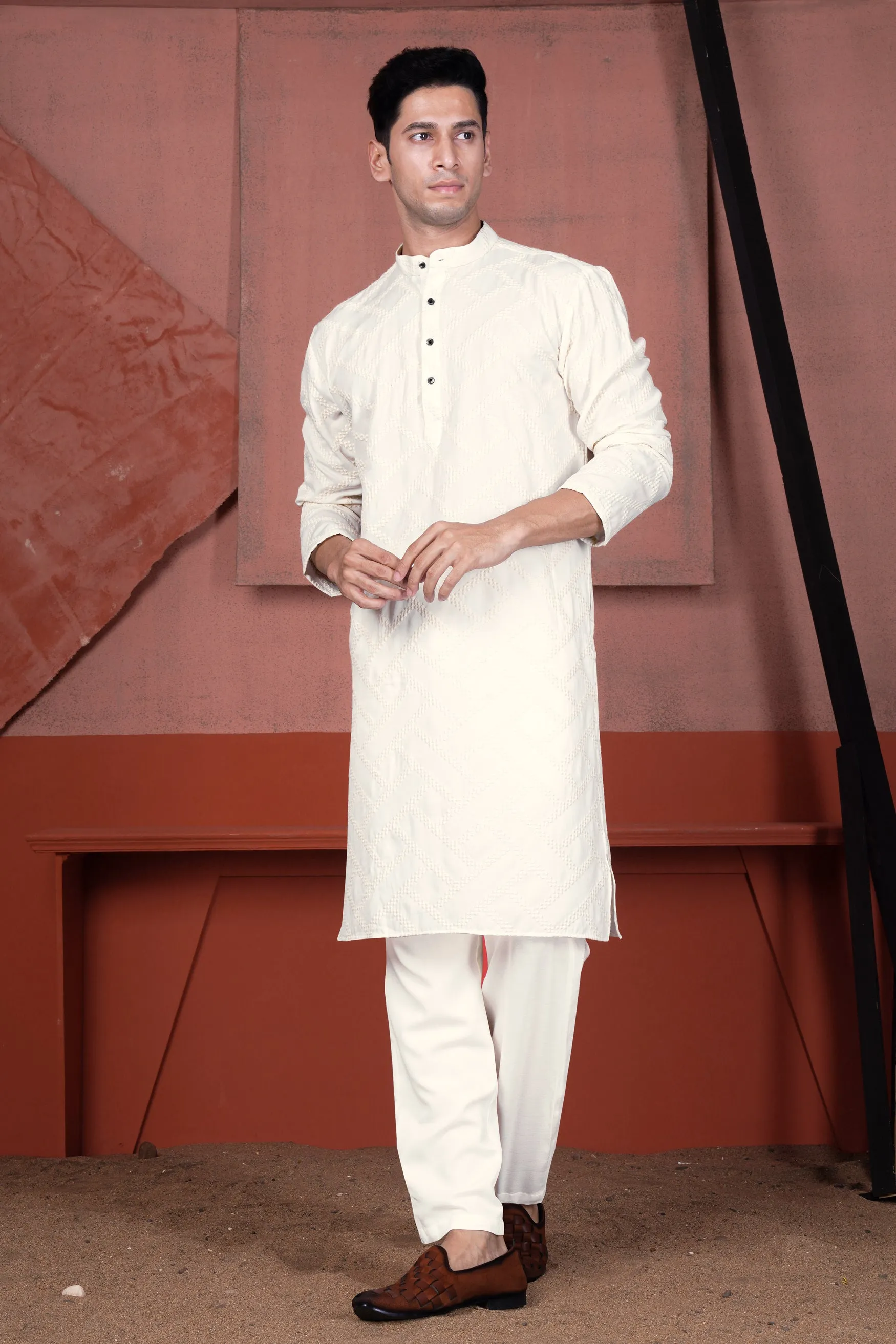 Albescent Cream Viscose Embroidered Designer Kurta
