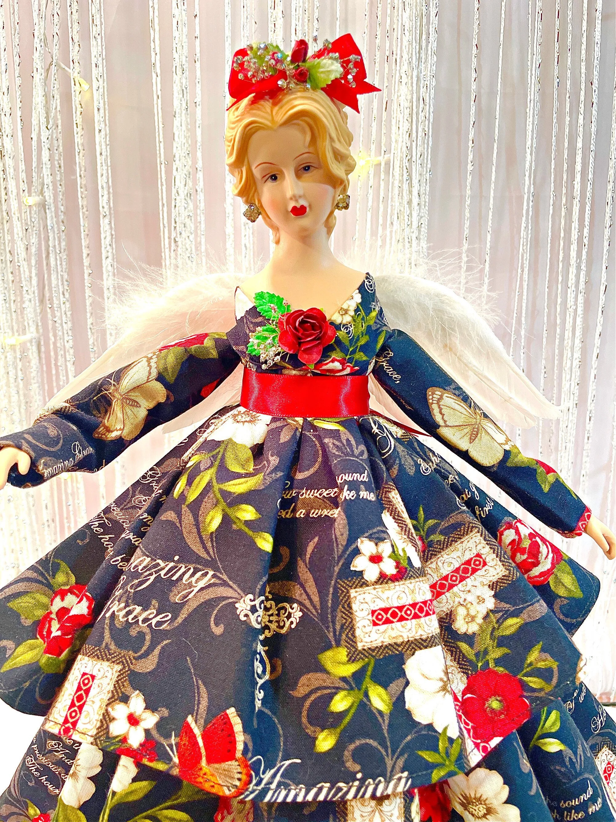Amazing Grace Angel Tree Topper Inspirational Home Decor, Black Red and White Christmas Angel Tree Top, Gift For Mother's Day, Handmade Gift