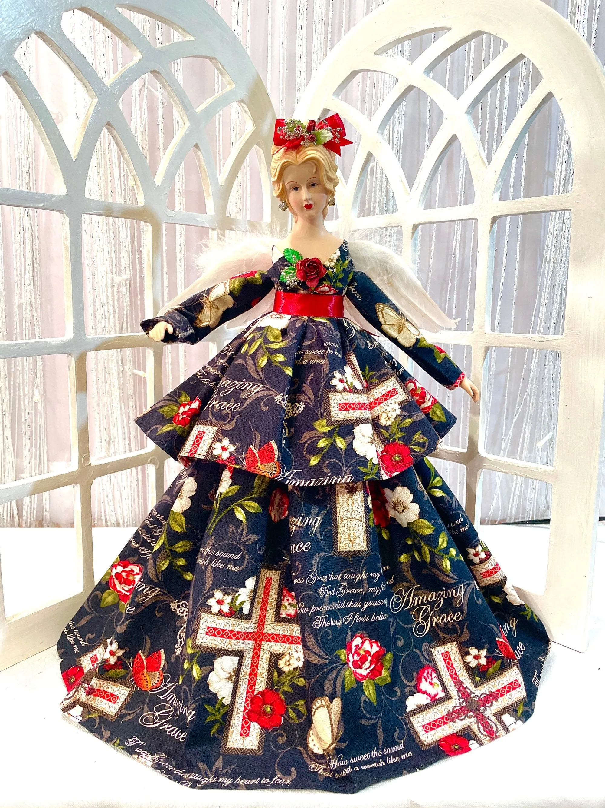 Amazing Grace Angel Tree Topper Inspirational Home Decor, Black Red and White Christmas Angel Tree Top, Gift For Mother's Day, Handmade Gift