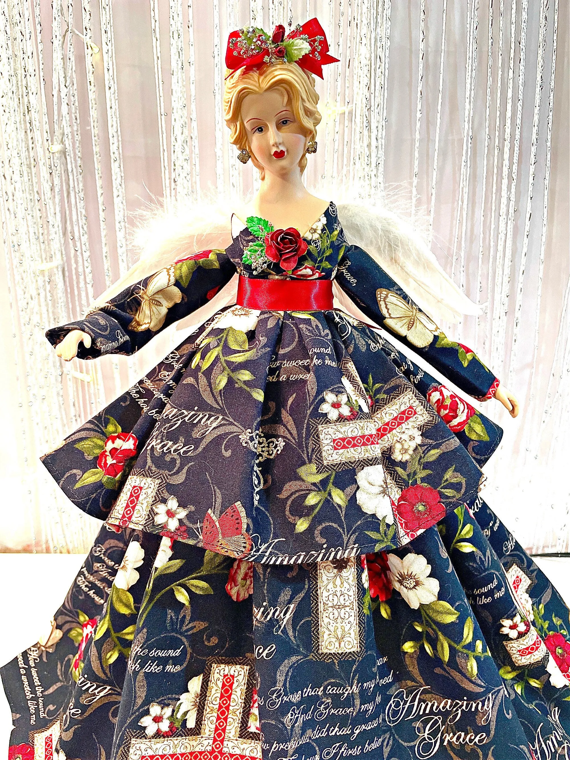 Amazing Grace Angel Tree Topper Inspirational Home Decor, Black Red and White Christmas Angel Tree Top, Gift For Mother's Day, Handmade Gift