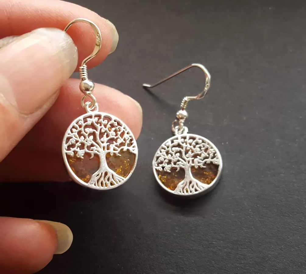 Amber Tree of Life Earrings, 13mm Tree of Life Charms, Sterling Silver