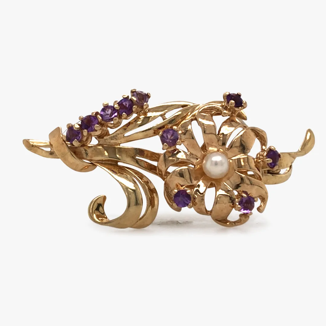 Amethyst & Pearl Spray Brooch