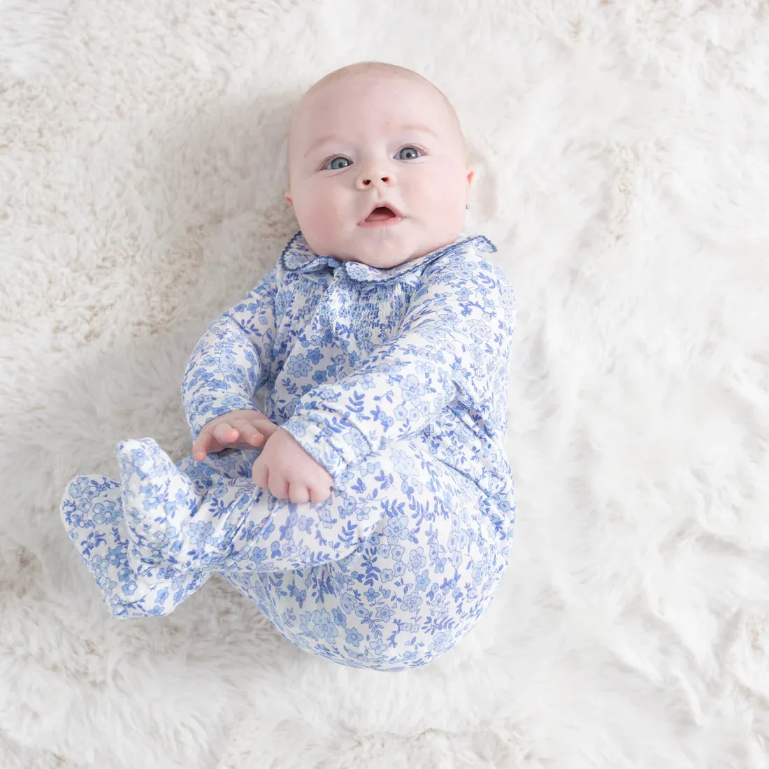Angel Dear Blue Calico Floral SMOCKED PETER PAN FOOTIE