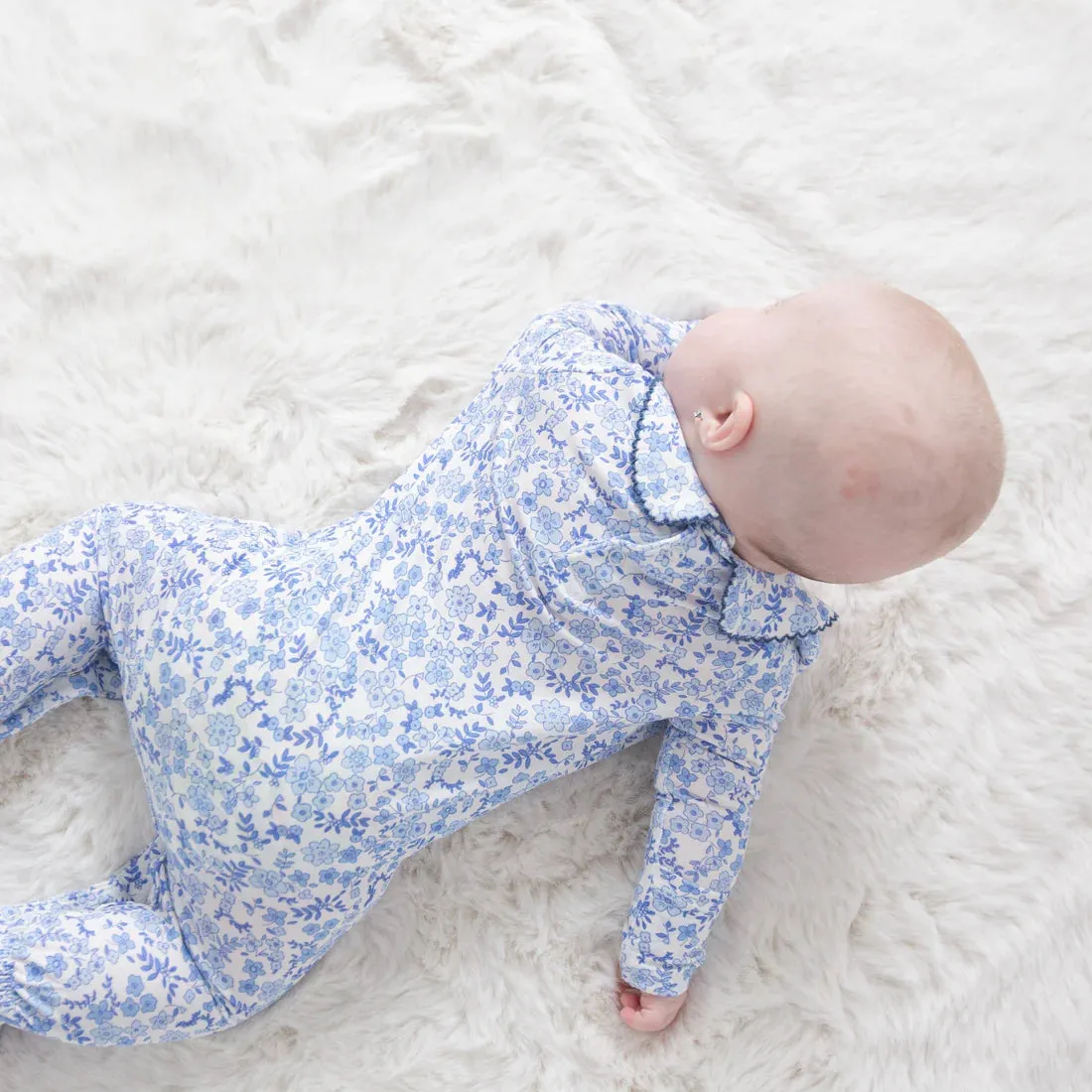 Angel Dear Blue Calico Floral SMOCKED PETER PAN FOOTIE
