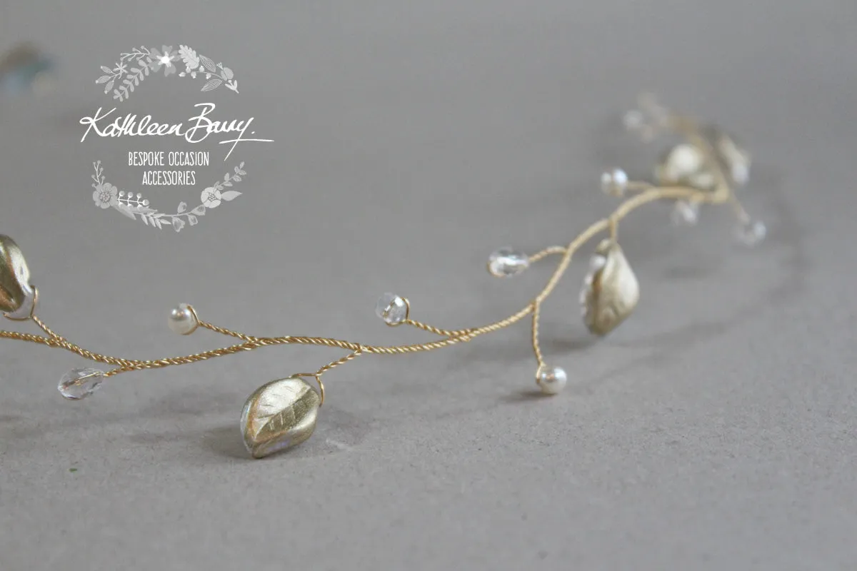 Angelina Golden Leaf Wreath - Crystal & Pearl available in gold, silver or rose gold