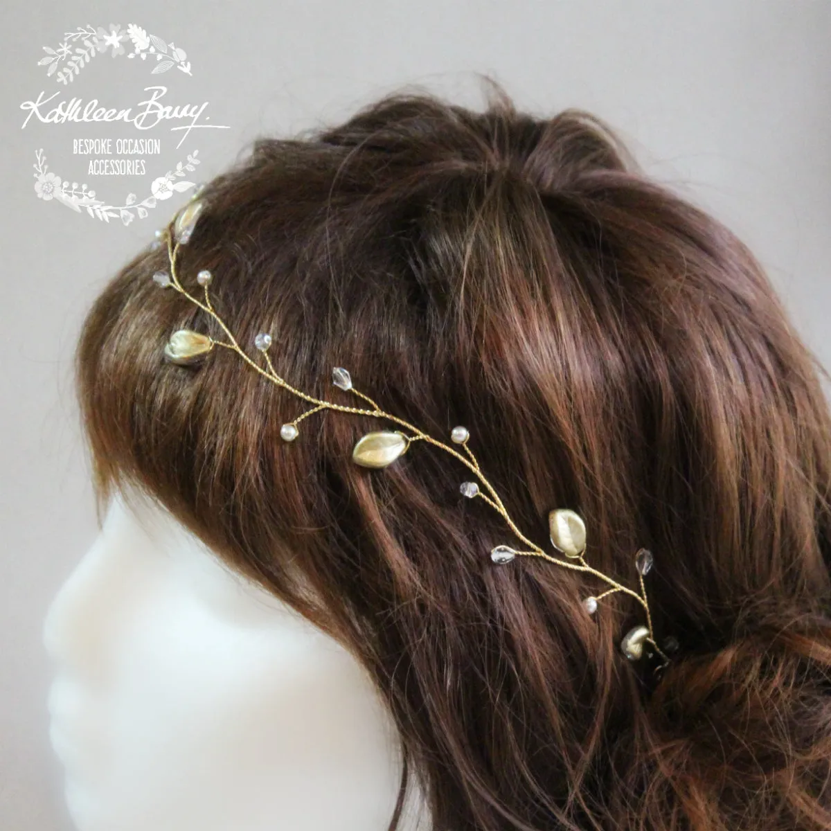 Angelina Golden Leaf Wreath - Crystal & Pearl available in gold, silver or rose gold