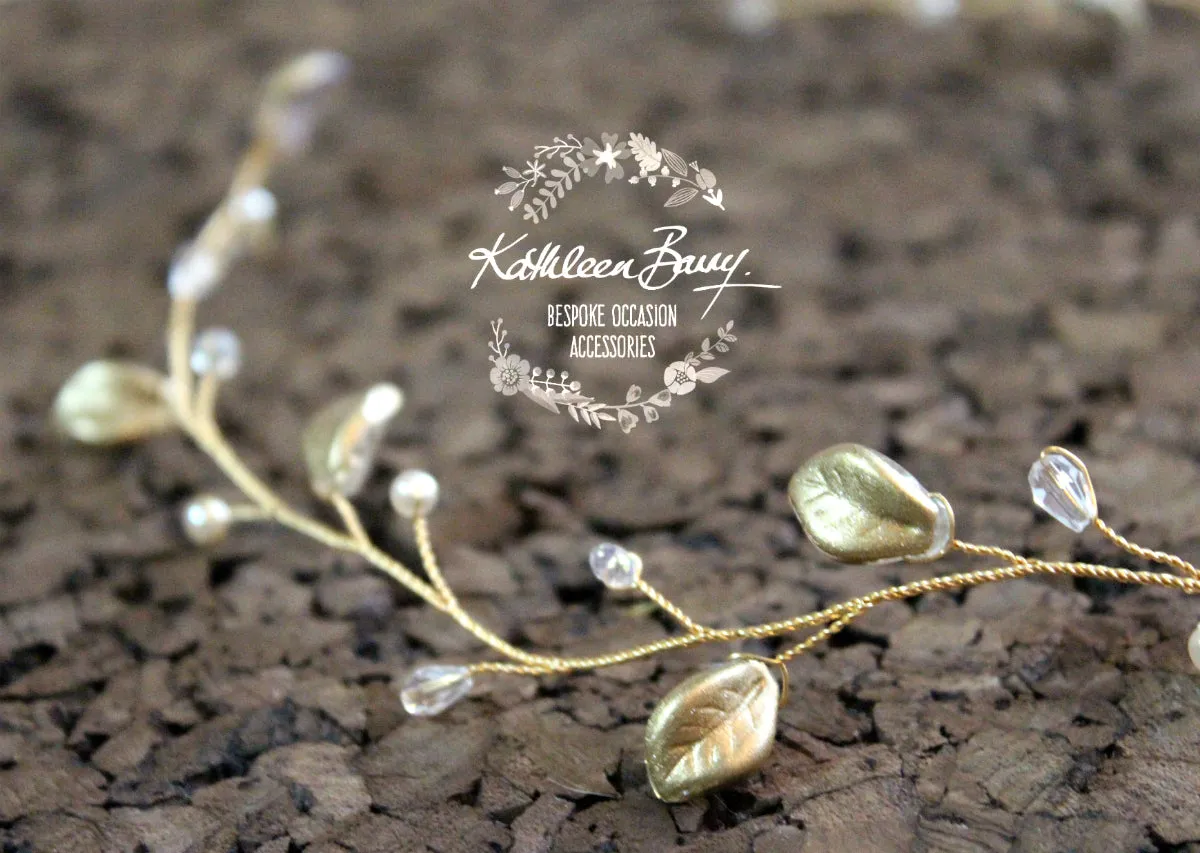 Angelina Golden Leaf Wreath - Crystal & Pearl available in gold, silver or rose gold