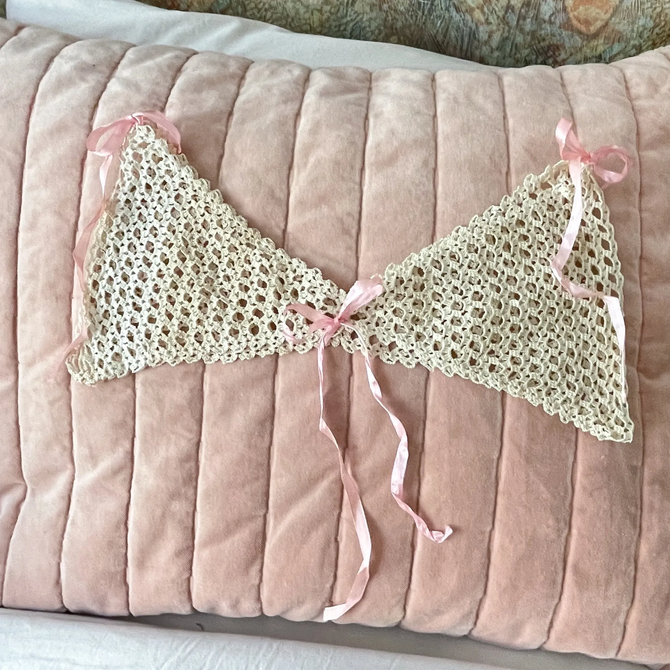 Antique Crochet Lace Neckline/Yoke/Topper, Vintage Lace, Antique Pink Ribbon XS