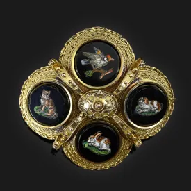 Antique Etruscan Micro Mosaic Animal Brooch in 14K Gold