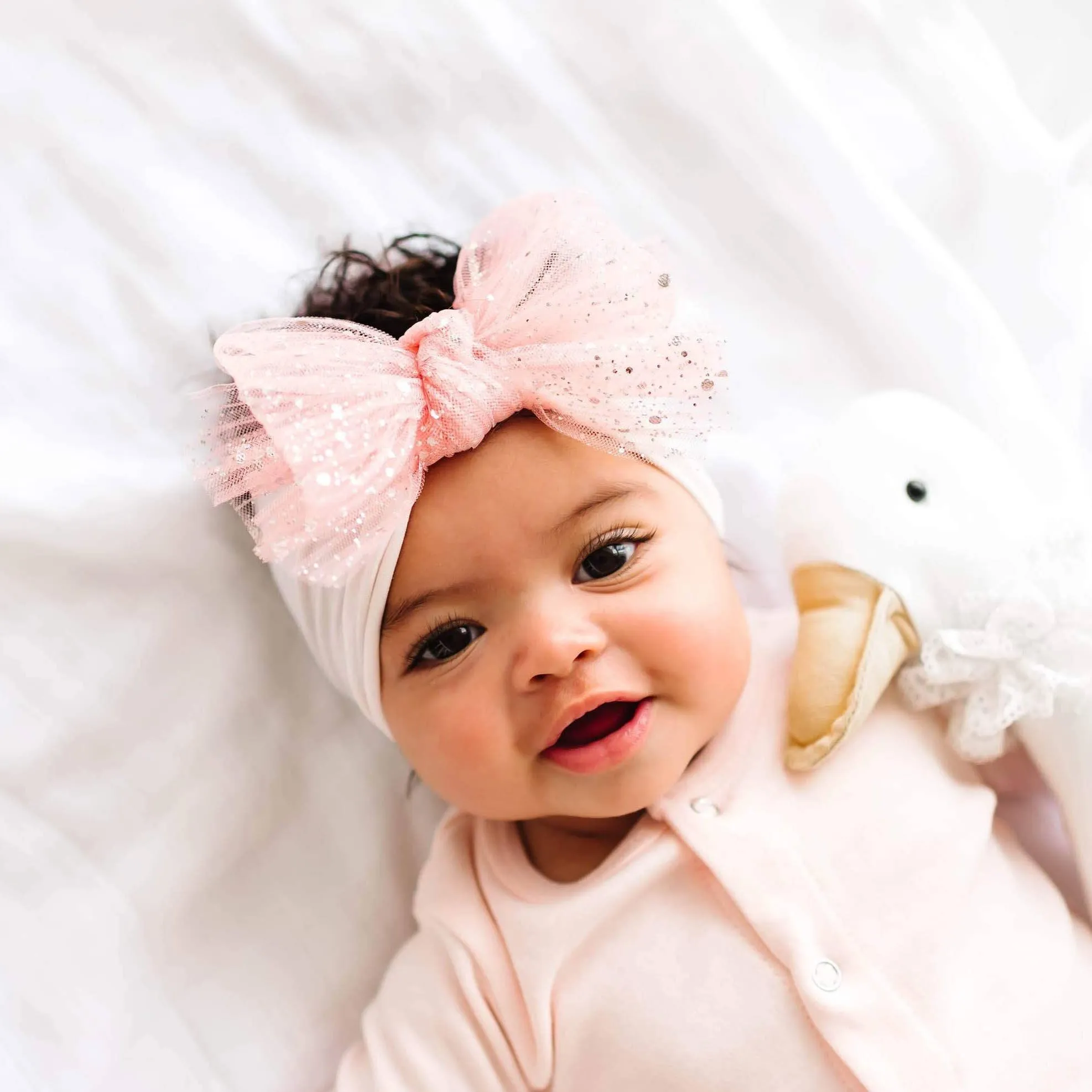Baby Bling® Tulle FAB® soft nylon headband with tulle bow: Pleated Blush