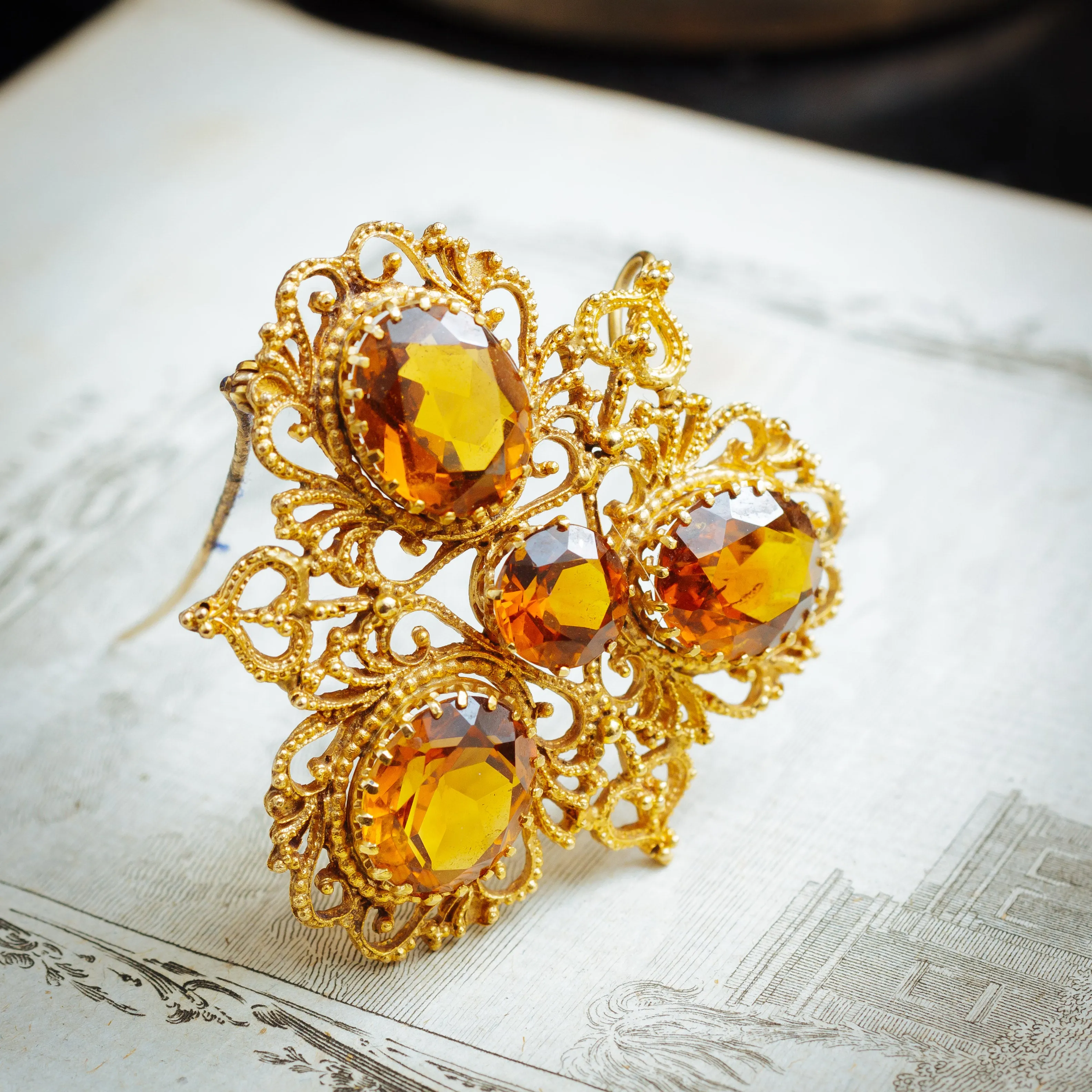 Beautiful Georgian Style Dark Cognac Citrine Earrings and Brooch/Pendant Set