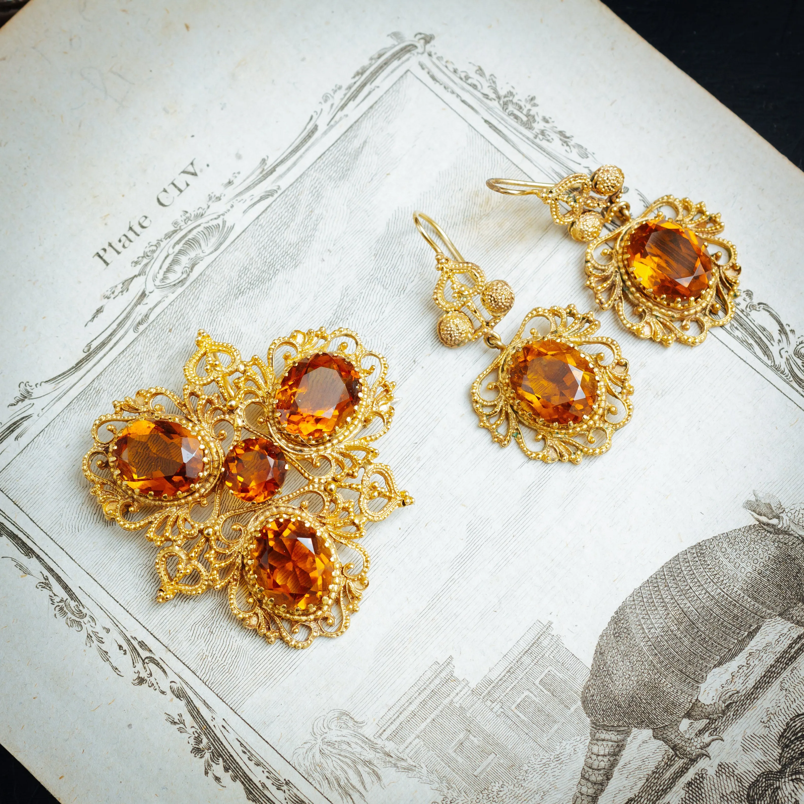 Beautiful Georgian Style Dark Cognac Citrine Earrings and Brooch/Pendant Set