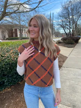 BROWN CHAIN PRINT KNIT SWEATER VEST
