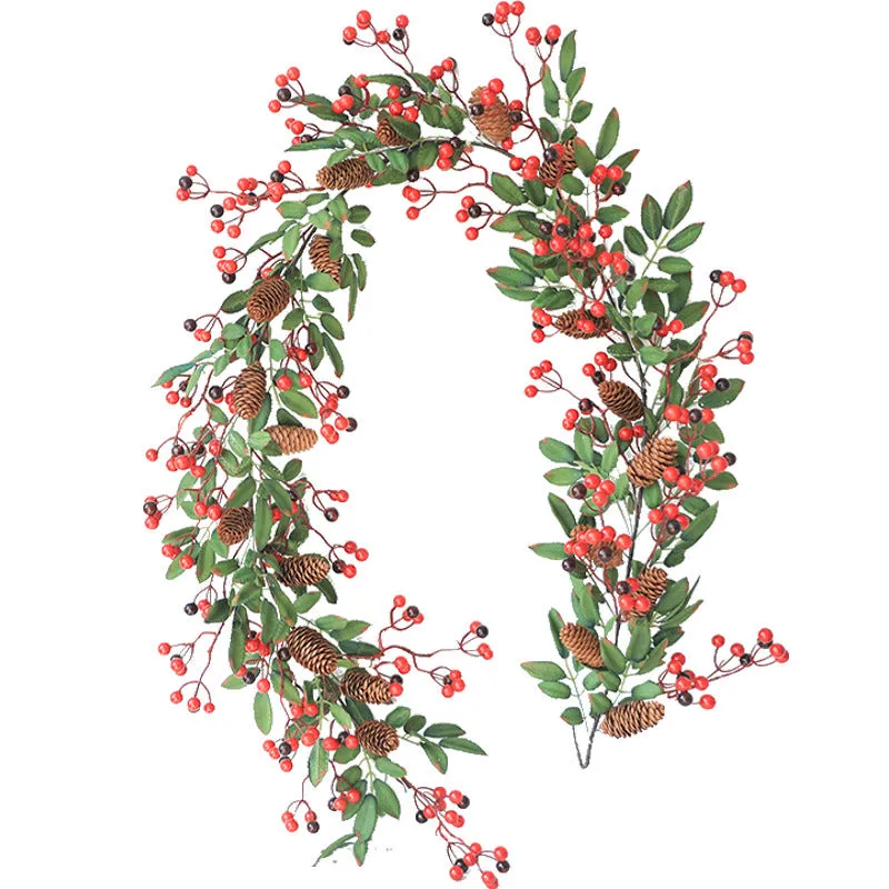 Bulk 71" Christmas Red Berry Poinsettia Ring Rattan String Garland Wholesale