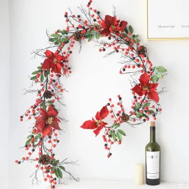 Bulk 71" Christmas Red Berry Poinsettia Ring Rattan String Garland Wholesale