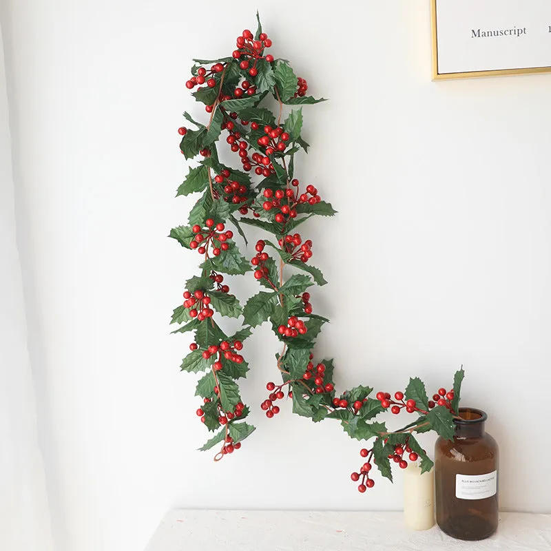 Bulk 71" Christmas Red Berry Poinsettia Ring Rattan String Garland Wholesale