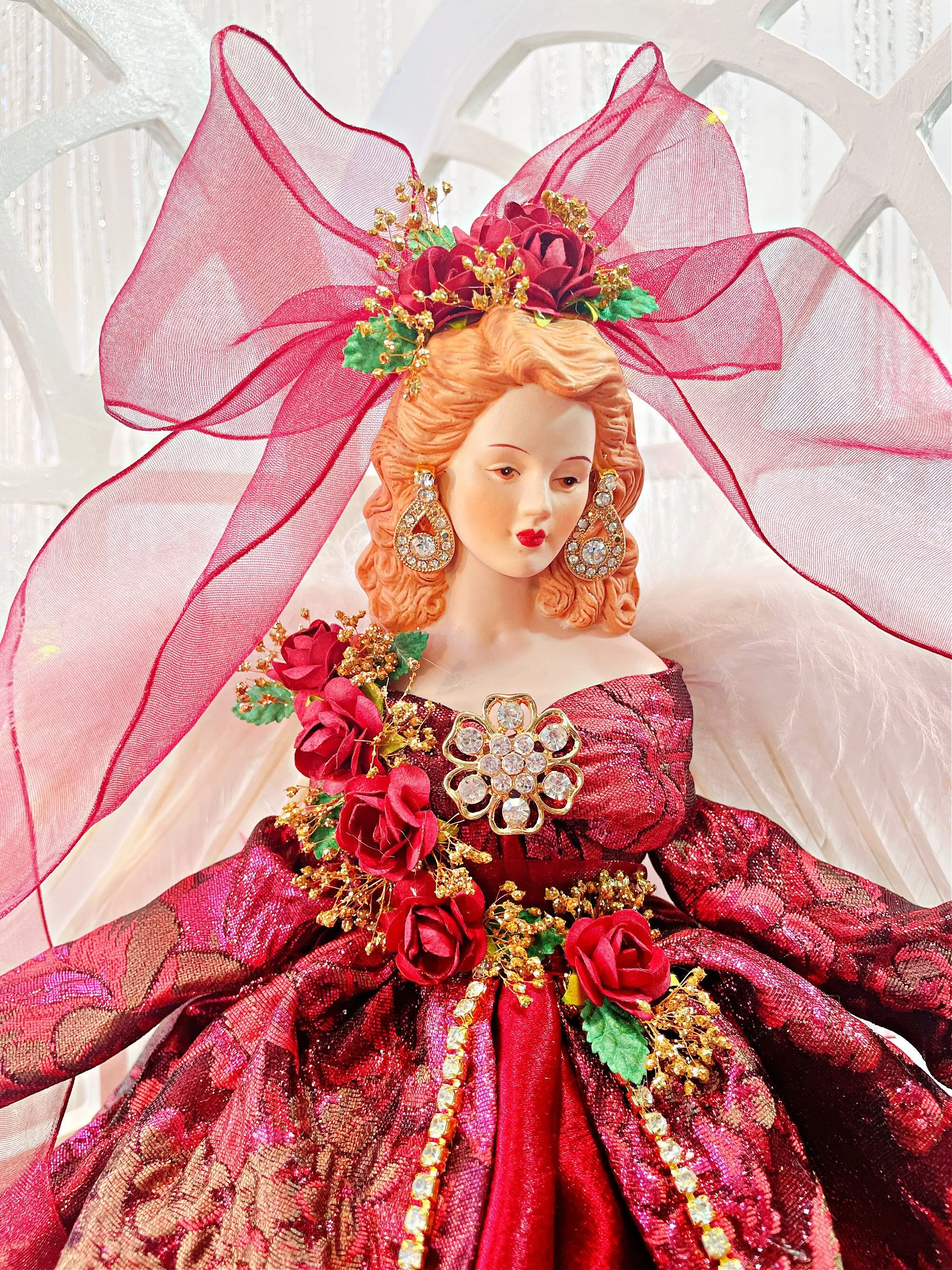 Burgundy Angel Tree Topper Auburn Haired Gift Angel, Handmade One of a Kind Christmas Angel For Mothers Day  Holiday Decor