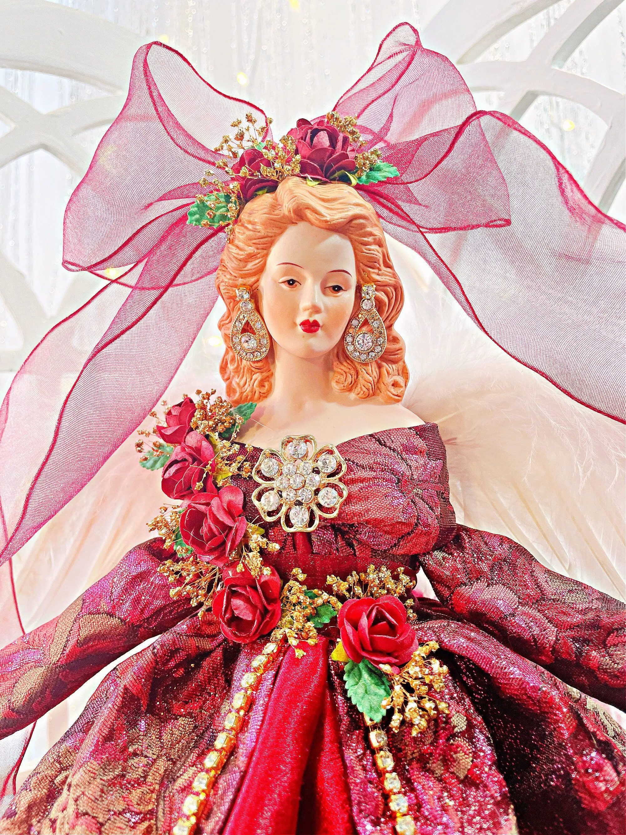 Burgundy Angel Tree Topper Auburn Haired Gift Angel, Handmade One of a Kind Christmas Angel For Mothers Day  Holiday Decor