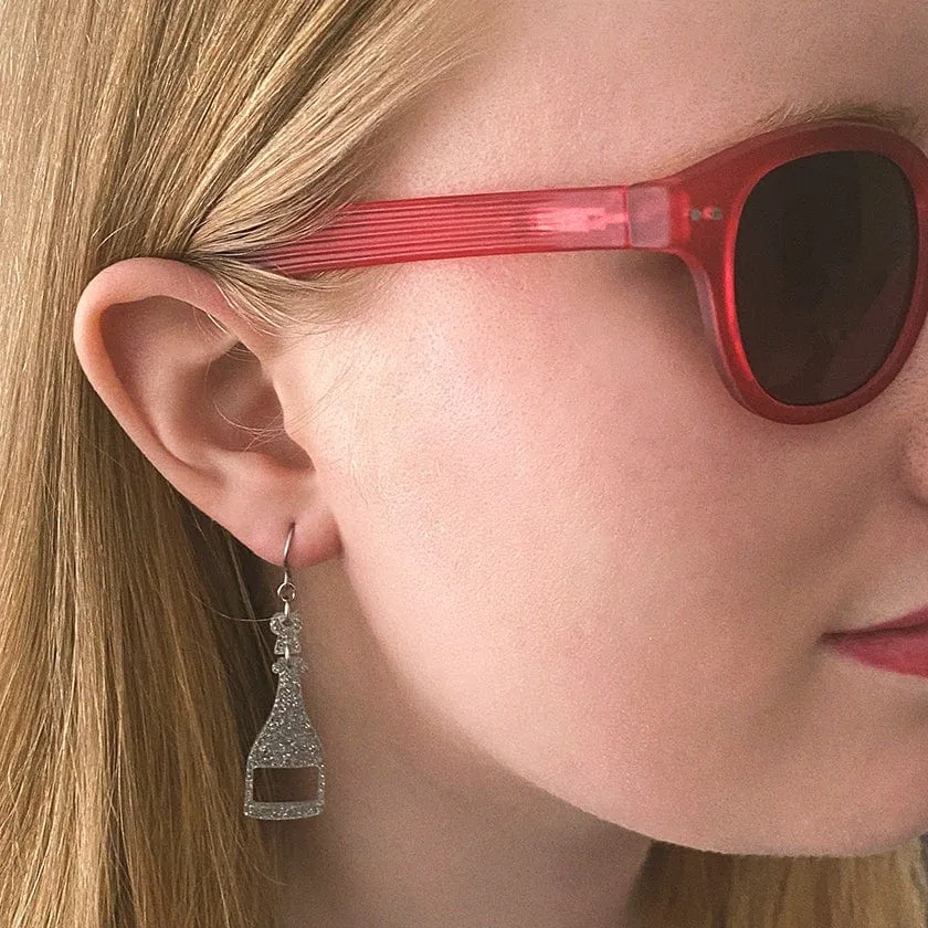 Champagne Glitter Drop Earrings - Silver