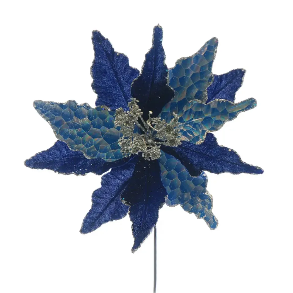 Dark Blue Poinsettia With Petrol Effect Stem 58cm