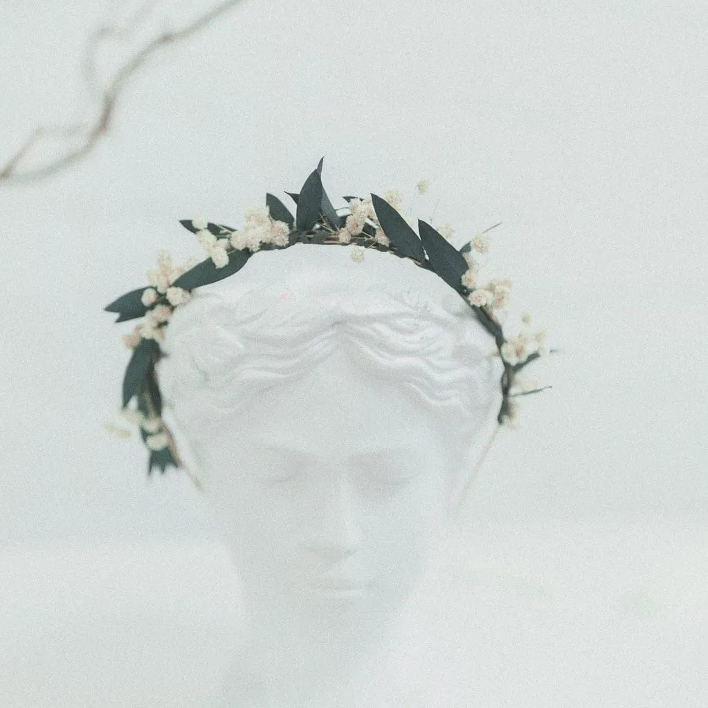 Dried Flowers Headband Bridal Crown - Eucalyptus Green & White