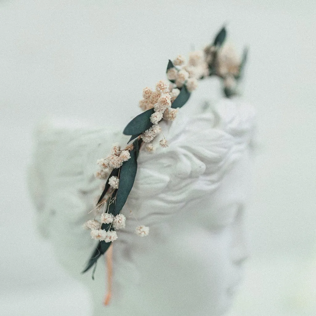 Dried Flowers Headband Bridal Crown - Eucalyptus Green & White