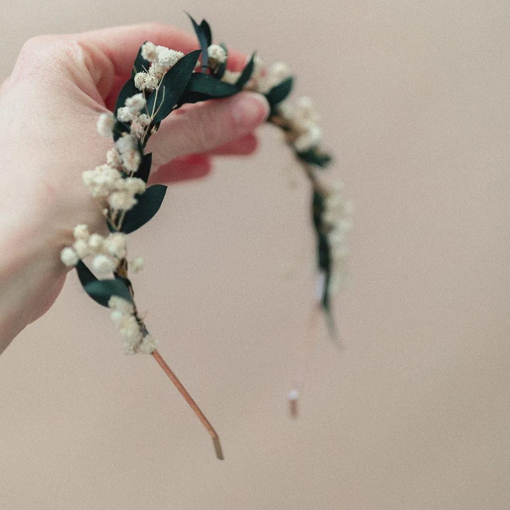 Dried Flowers Headband Bridal Crown - Eucalyptus Green & White