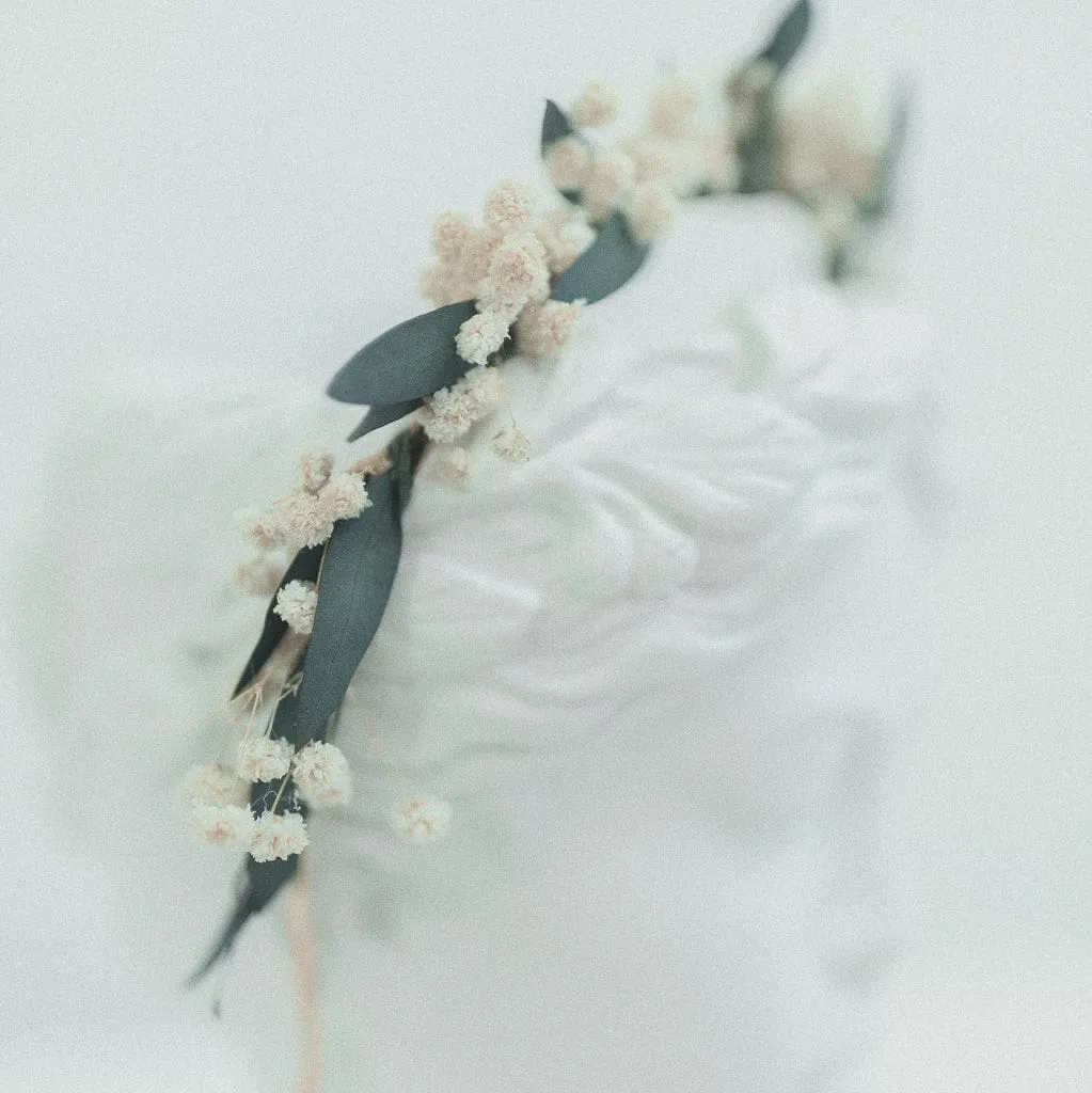 Dried Flowers Headband Bridal Crown - Eucalyptus Green & White