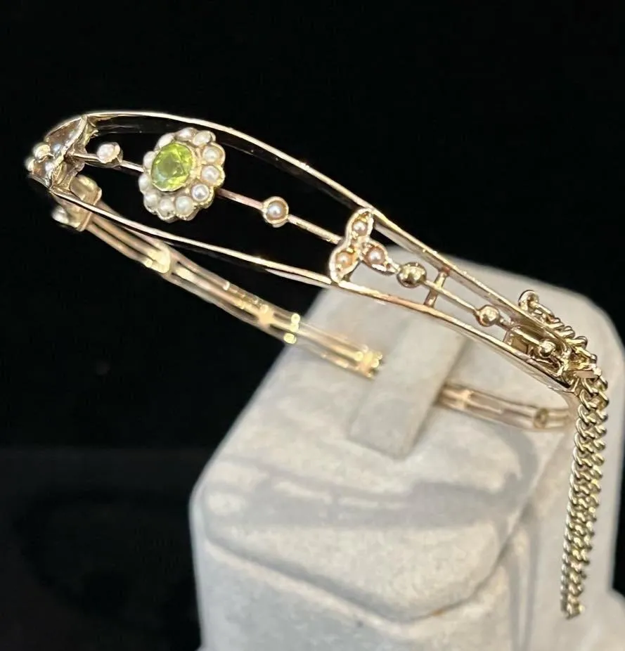 Edwardian Peridot & Pearl Floral Cluster Bangle