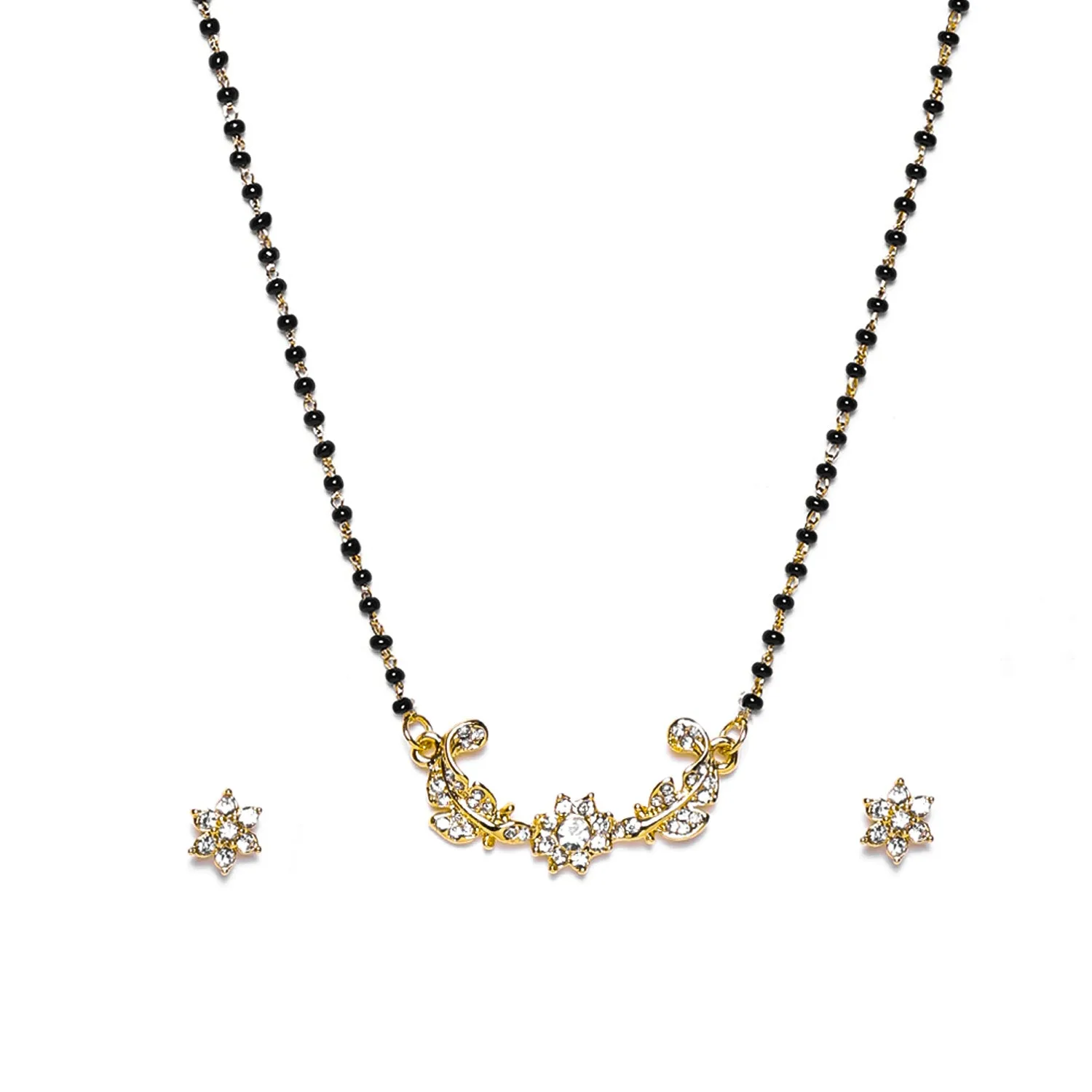 Estele Gold Plated Elegant Floral Leafy Textured Mangalsutra Necklace Set with Austrian Crystals for Women
