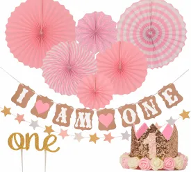 FIRST BIRTHDAY DECORATION SET FOR GIRL- 1st Baby GIRL Birthday Party, Stars Paper Garland