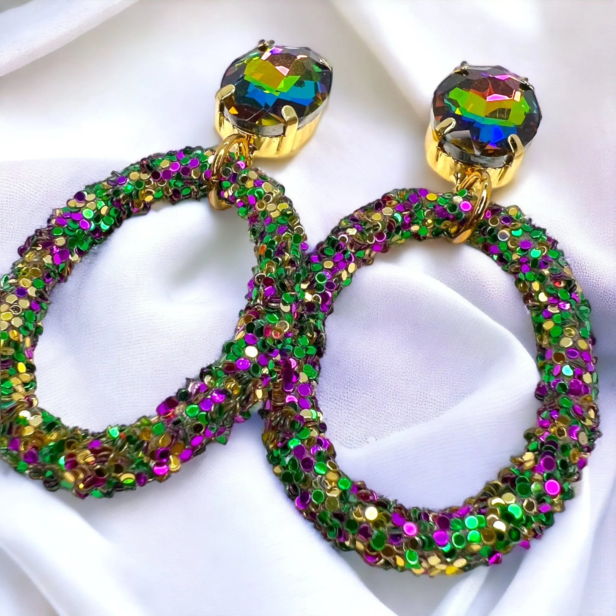 Glitter Mardi Gras Earrings - Purple Green Gold, Mardi Gras Ball, Dangle Earrings, Holiday Earrings, Mardi Gras Rhinestones, Carnival Earrings