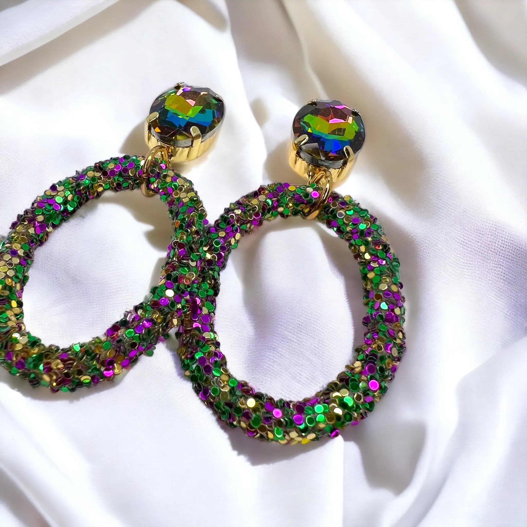 Glitter Mardi Gras Earrings - Purple Green Gold, Mardi Gras Ball, Dangle Earrings, Holiday Earrings, Mardi Gras Rhinestones, Carnival Earrings