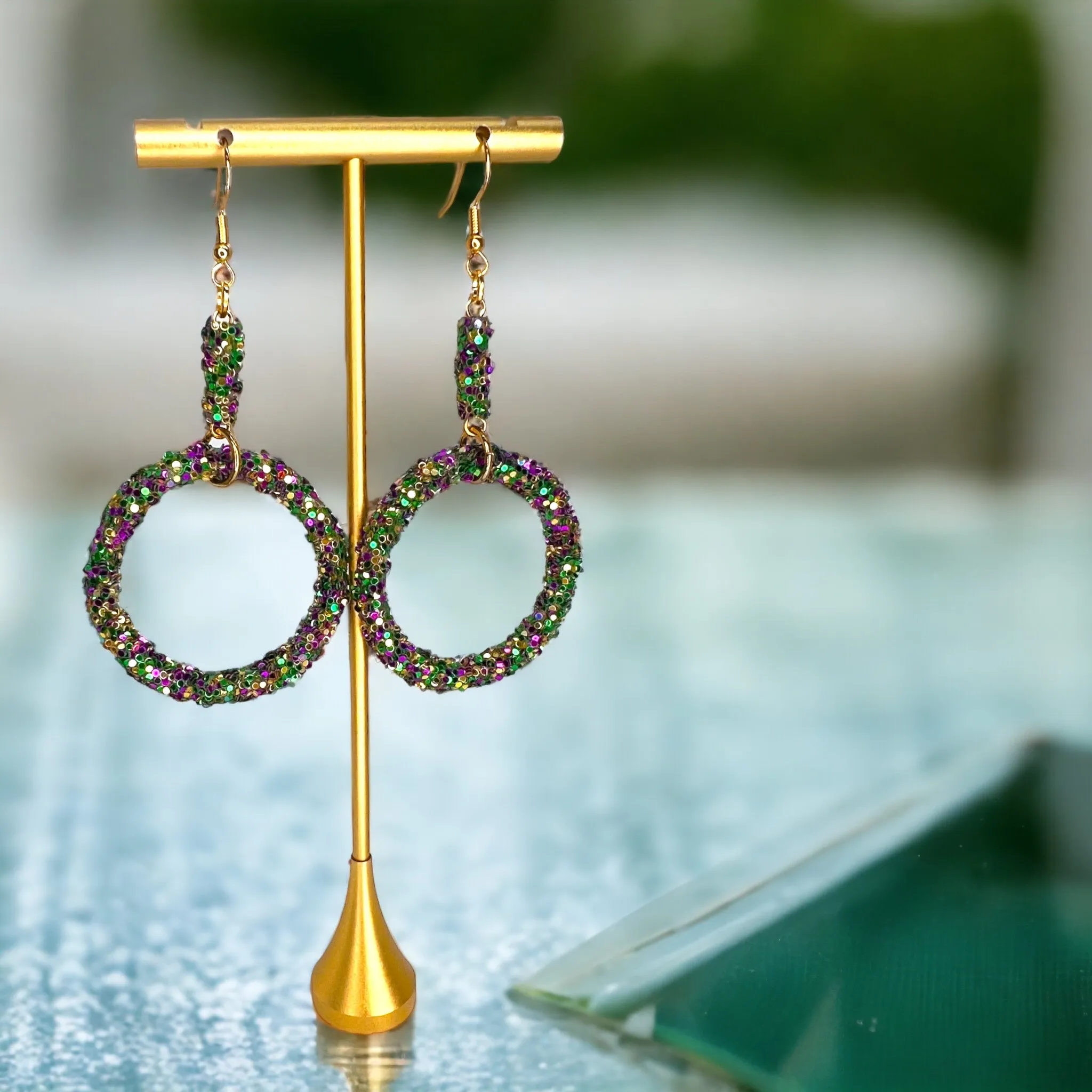 Glitter Mardi Gras Earrings - Purple Green Gold, Mardi Gras Ball, Dangle Earrings, Holiday Earrings, Mardi Gras Rhinestones, Carnival Earrings