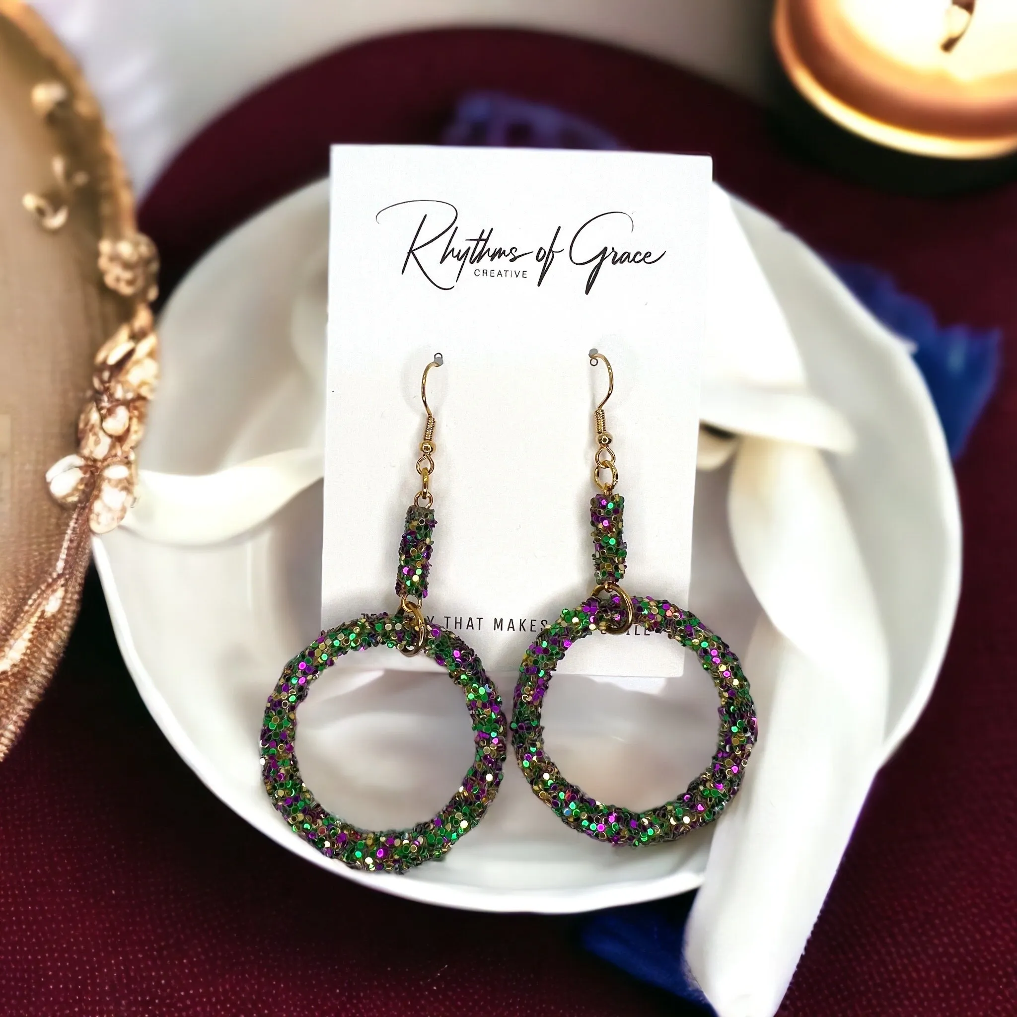 Glitter Mardi Gras Earrings - Purple Green Gold, Mardi Gras Ball, Dangle Earrings, Holiday Earrings, Mardi Gras Rhinestones, Carnival Earrings