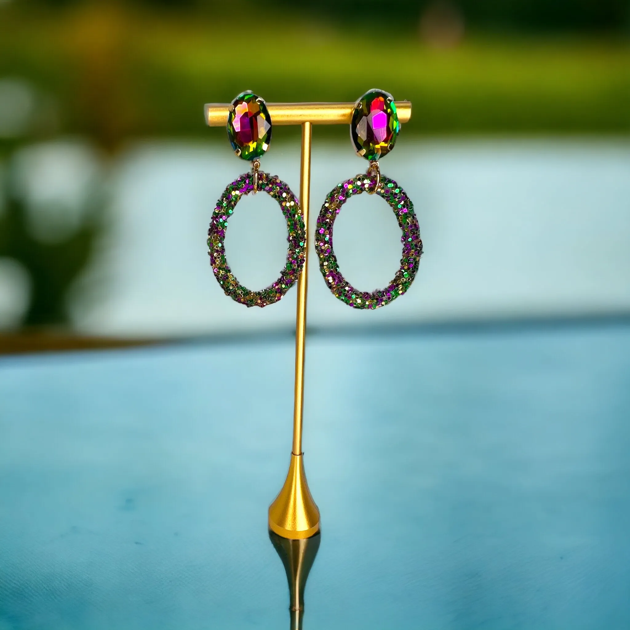 Glitter Mardi Gras Earrings - Purple Green Gold, Mardi Gras Ball, Dangle Earrings, Holiday Earrings, Mardi Gras Rhinestones, Carnival Earrings