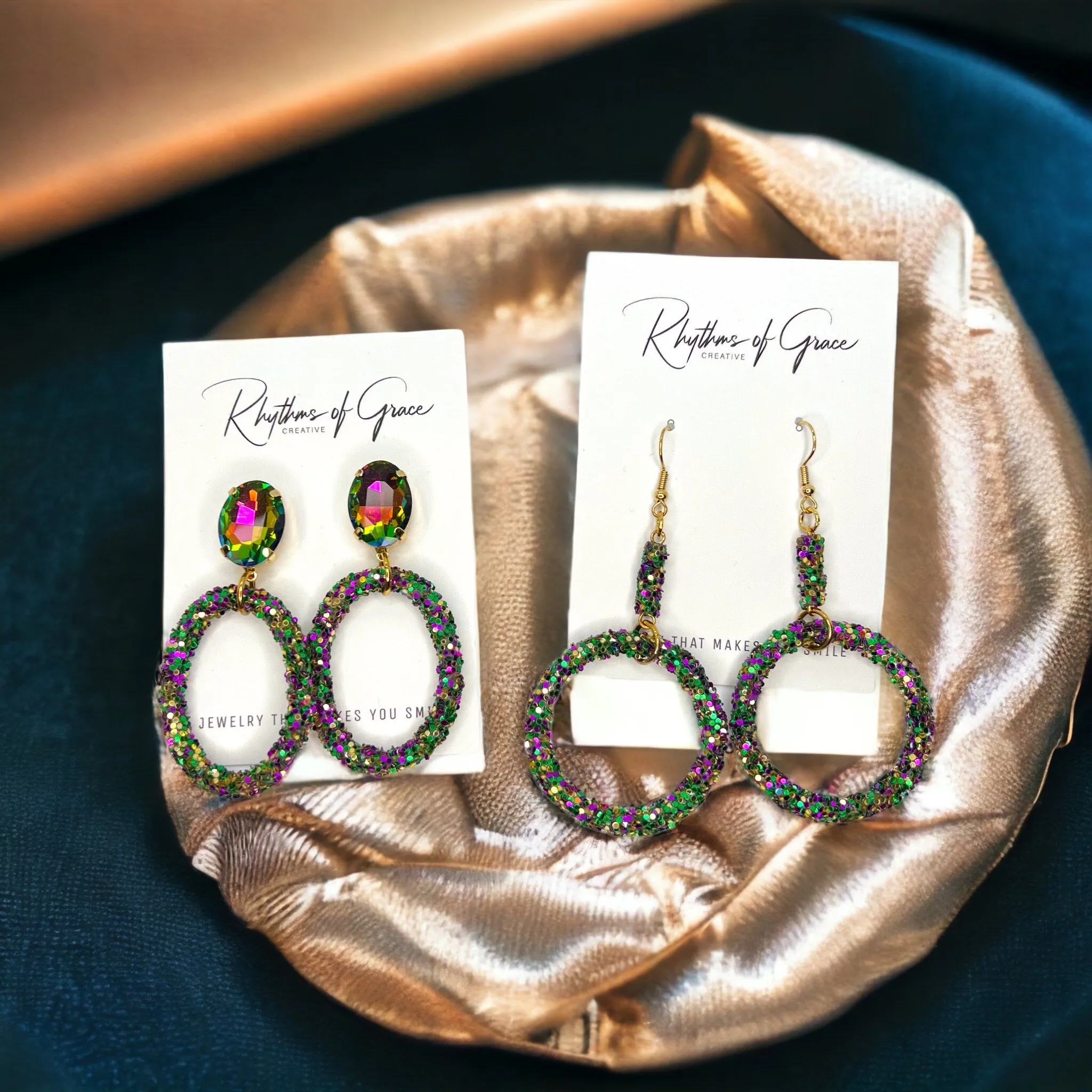 Glitter Mardi Gras Earrings - Purple Green Gold, Mardi Gras Ball, Dangle Earrings, Holiday Earrings, Mardi Gras Rhinestones, Carnival Earrings