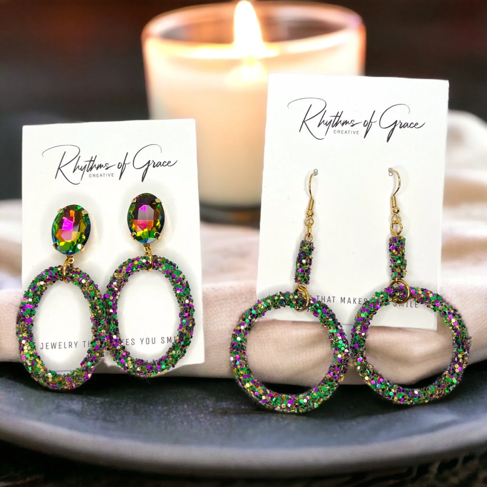 Glitter Mardi Gras Earrings - Purple Green Gold, Mardi Gras Ball, Dangle Earrings, Holiday Earrings, Mardi Gras Rhinestones, Carnival Earrings