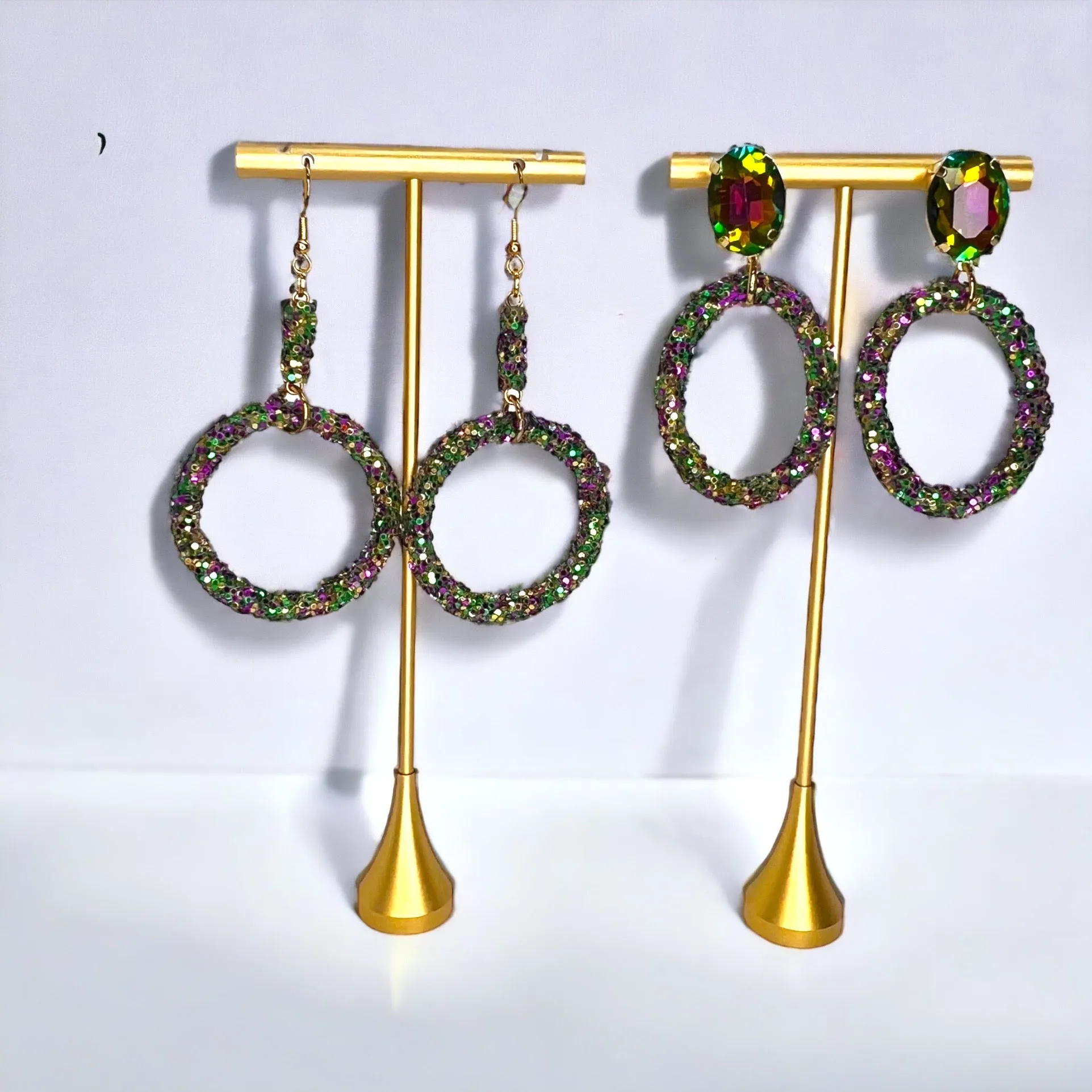 Glitter Mardi Gras Earrings - Purple Green Gold, Mardi Gras Ball, Dangle Earrings, Holiday Earrings, Mardi Gras Rhinestones, Carnival Earrings