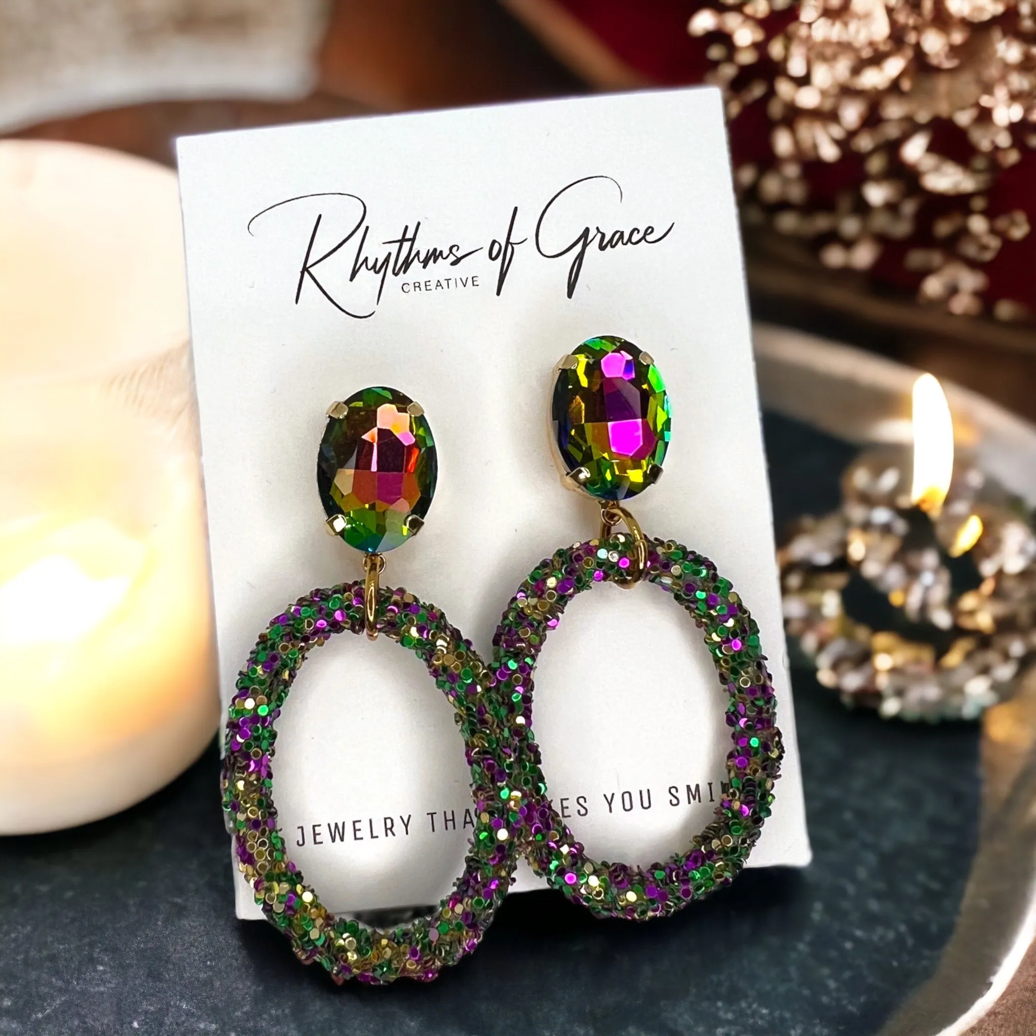 Glitter Mardi Gras Earrings - Purple Green Gold, Mardi Gras Ball, Dangle Earrings, Holiday Earrings, Mardi Gras Rhinestones, Carnival Earrings