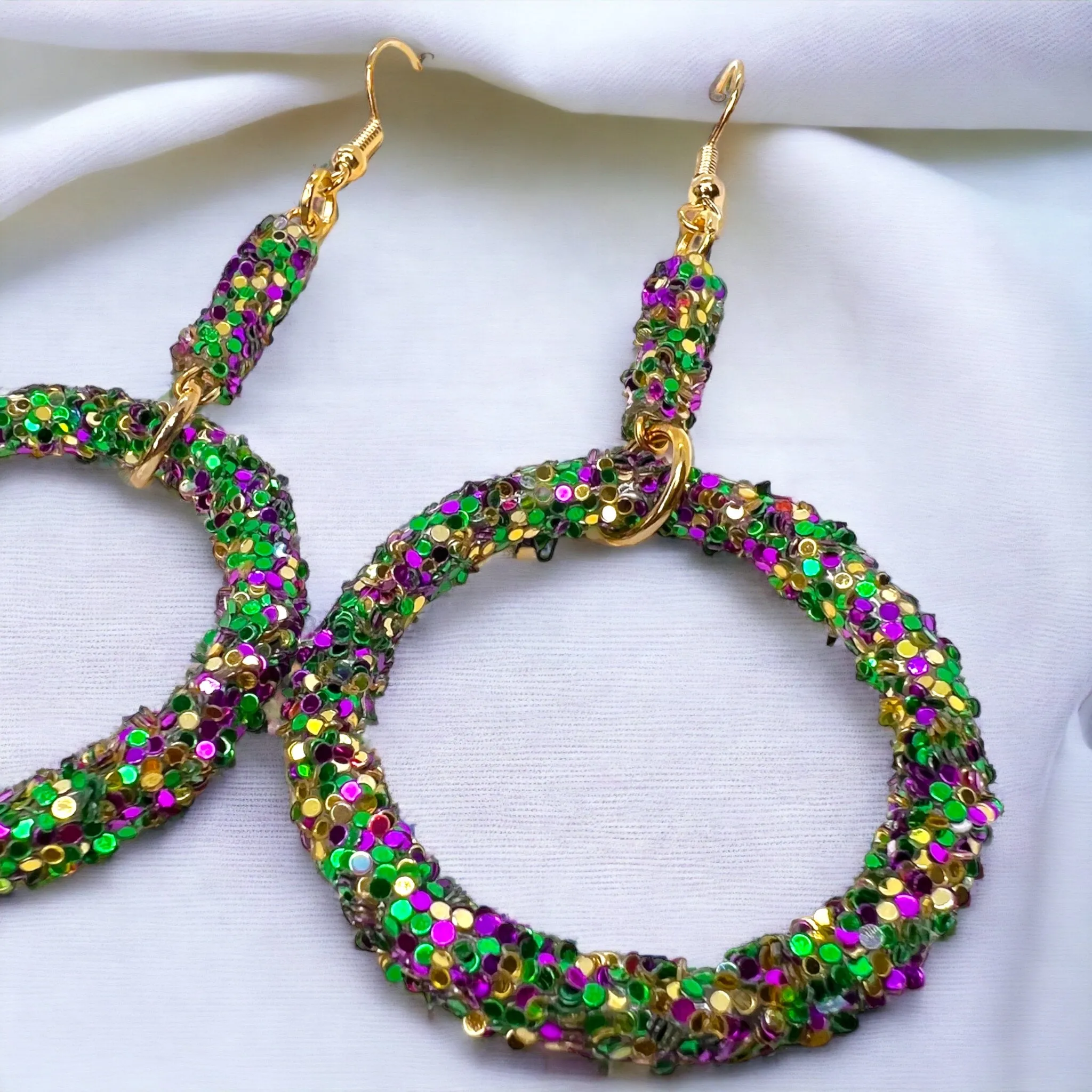Glitter Mardi Gras Earrings - Purple Green Gold, Mardi Gras Ball, Dangle Earrings, Holiday Earrings, Mardi Gras Rhinestones, Carnival Earrings