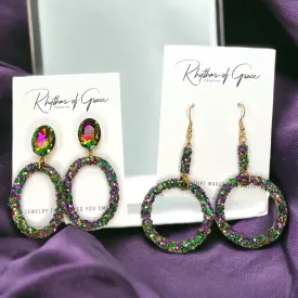 Glitter Mardi Gras Earrings - Purple Green Gold, Mardi Gras Ball, Dangle Earrings, Holiday Earrings, Mardi Gras Rhinestones, Carnival Earrings