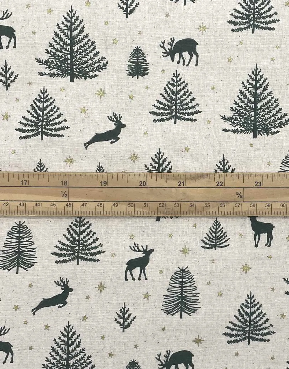 Green Reindeers & Trees with Metallic Gold Stars Christmas Fabric