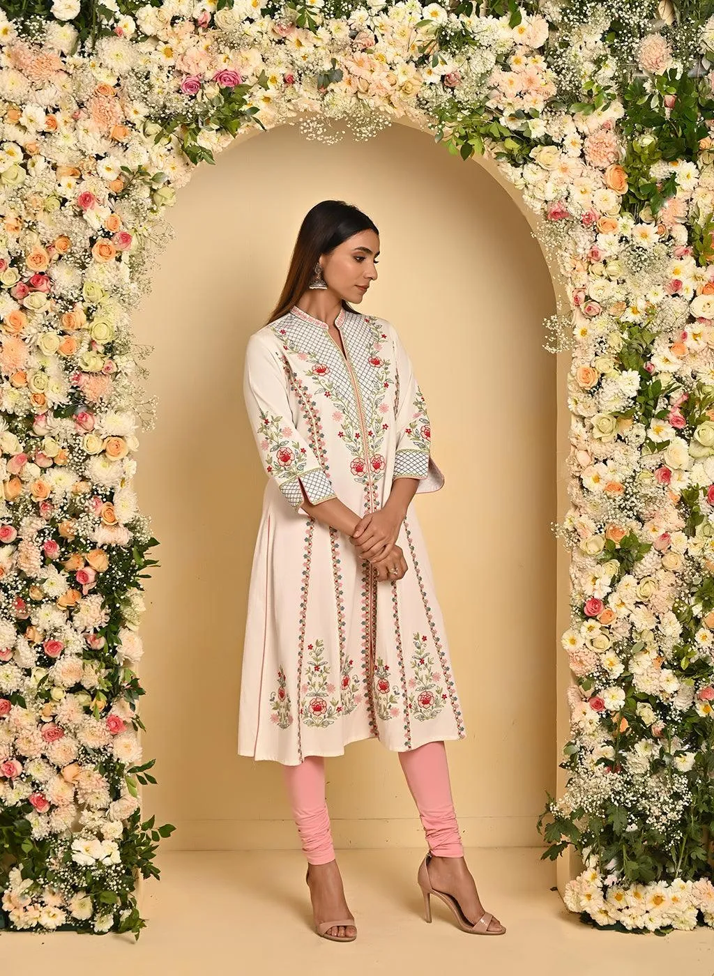 Ivory Long Kurta with All-over work and Mandarin Collar